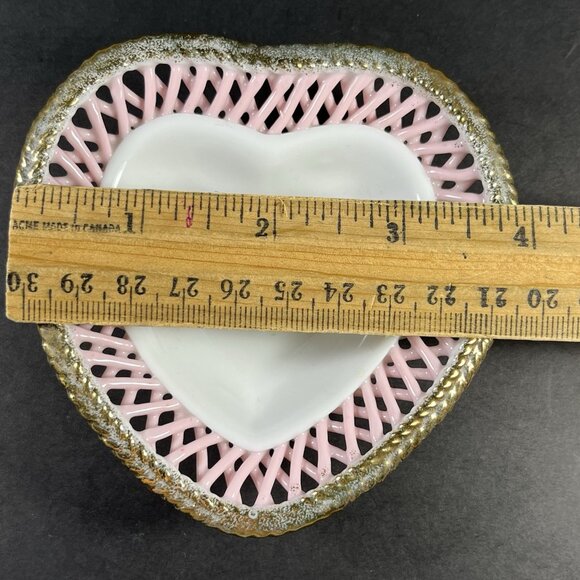 VTG Heart Shaped Porcelain Trinket Dish – Pink Lattice Edge Gold Trim Japan - Picture 5 of 7